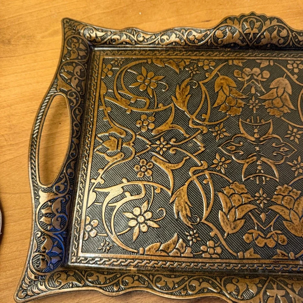 Alisveristime Turkish Zamac Decorative Tray Floral Embossed Vanity Serving